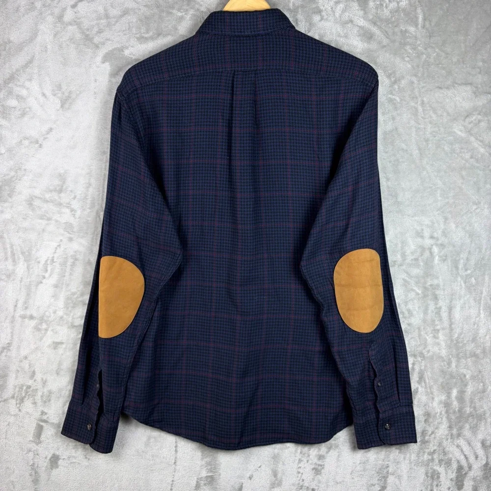 J Crew Mens Cotton Wool Flannel Shirt Elbow Patches Slim Large Blue Heritage Dad